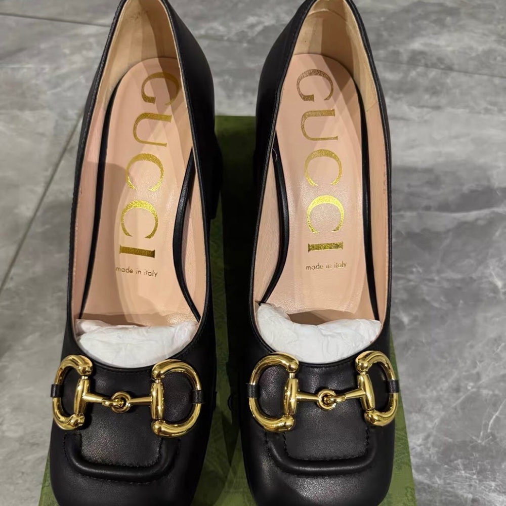 Gucci Women's Black Heels with Gold Accents